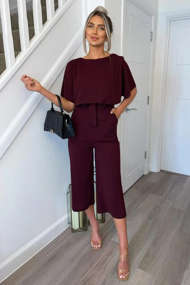 AX Paris Plum Tie Waist Short Sleeve Culotte Jumpsuit Women Jumpsuits And Playsuits