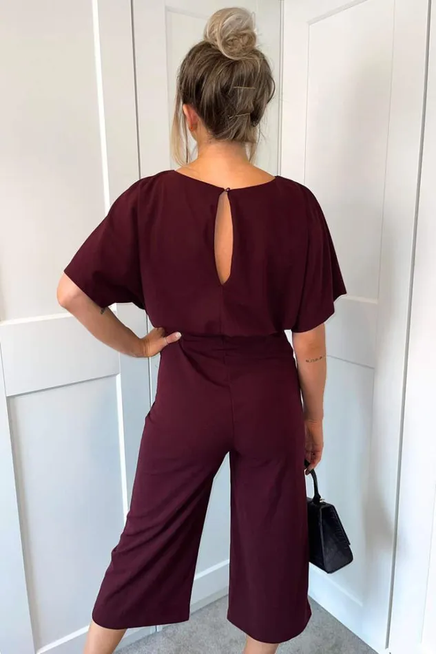 AX Paris Plum Tie Waist Short Sleeve Culotte Jumpsuit Women Jumpsuits And Playsuits