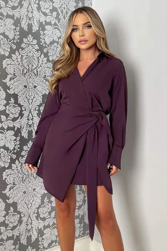 AX Paris Plum Tie Wrap Long Sleeve Mini Dress Women Dresses