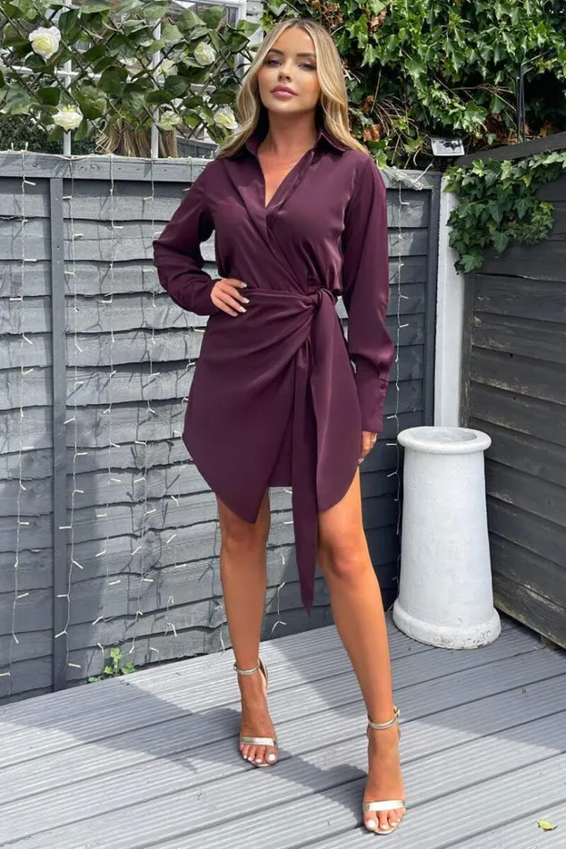 AX Paris Plum Tie Wrap Long Sleeve Mini Dress Women Dresses