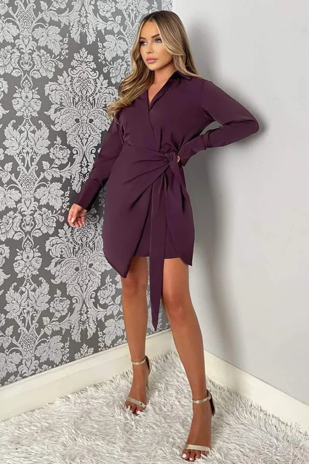 AX Paris Plum Tie Wrap Long Sleeve Mini Dress Women Dresses