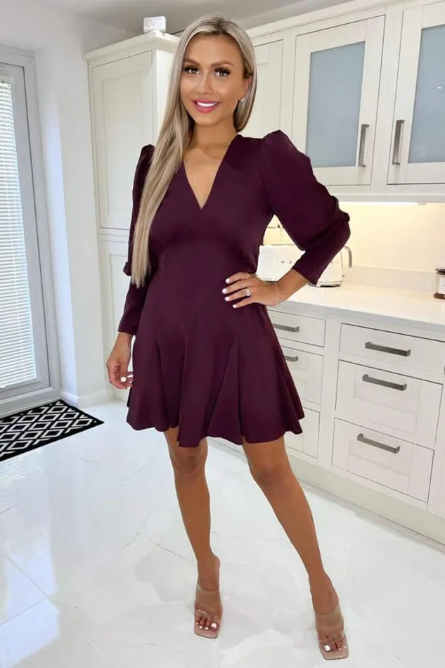 AX Paris Plum VNeck Long Sleeve Skater Dress Women Dresses