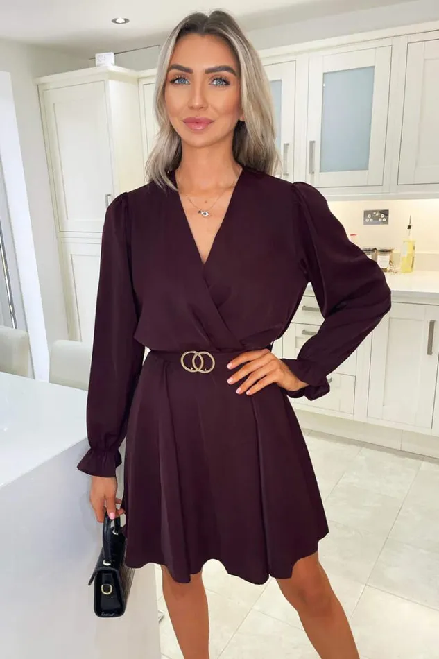 AX Paris Plum Wrap Over Belted Skater Dress Women Dresses