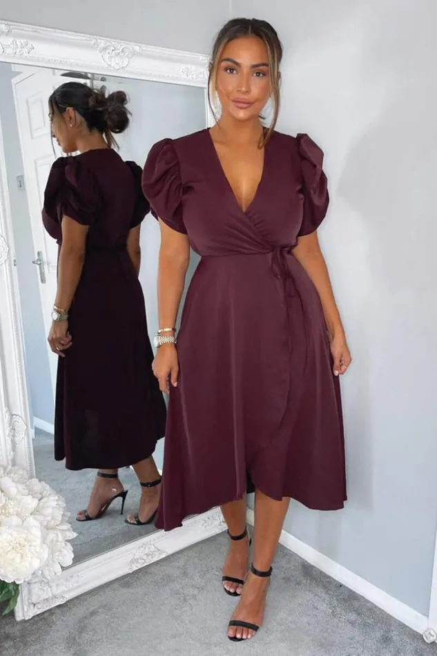 AX Paris Plum Wrap Over Tie Midi Dress Women Dresses