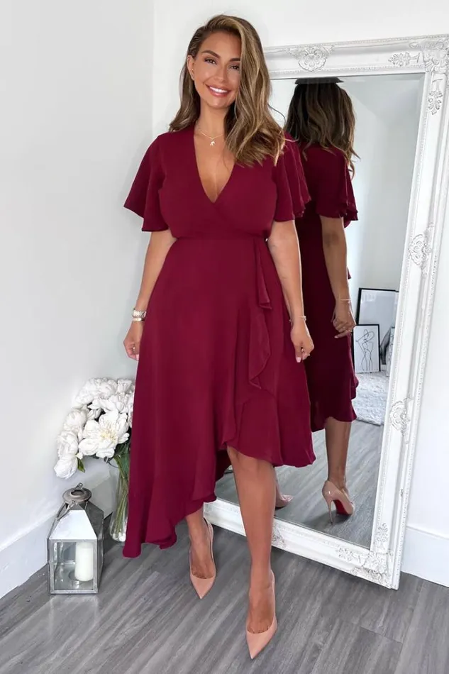 AX Paris Plum Wrap Over Top Frill Hem Midi Dress Women Dresses