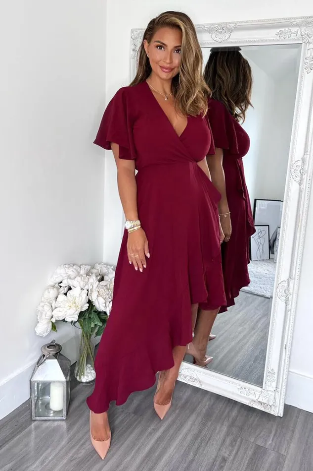 AX Paris Plum Wrap Over Top Frill Hem Midi Dress Women Dresses