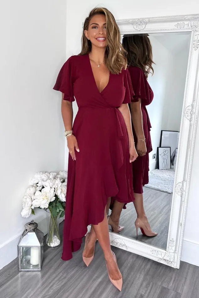 AX Paris Plum Wrap Over Top Frill Hem Midi Dress Women Dresses