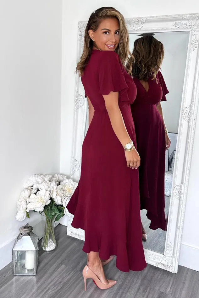 AX Paris Plum Wrap Over Top Frill Hem Midi Dress Women Dresses