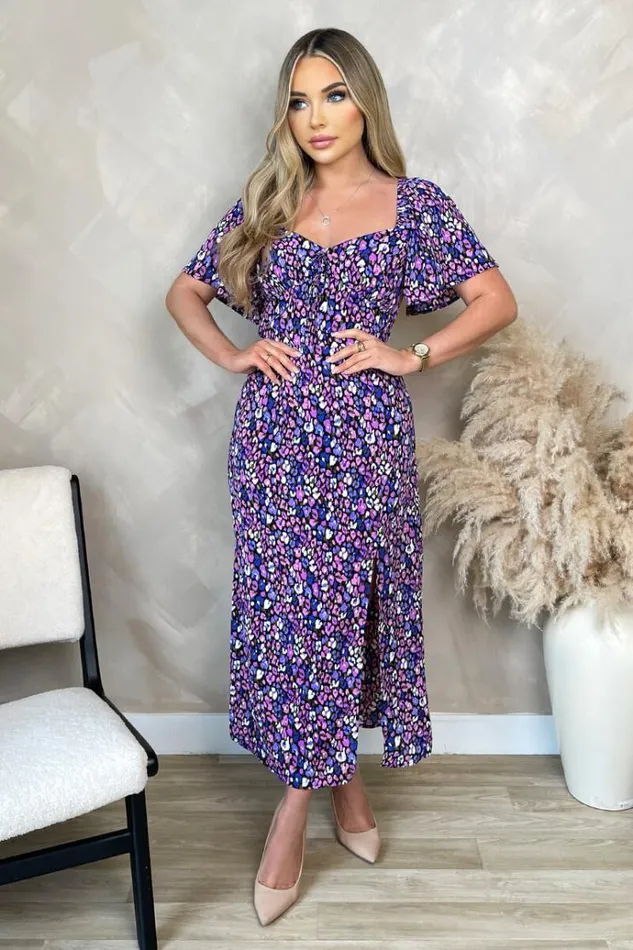 AX Paris Purple Animal Print Short Sleeve Tie Front Midi Dress Women Dresses