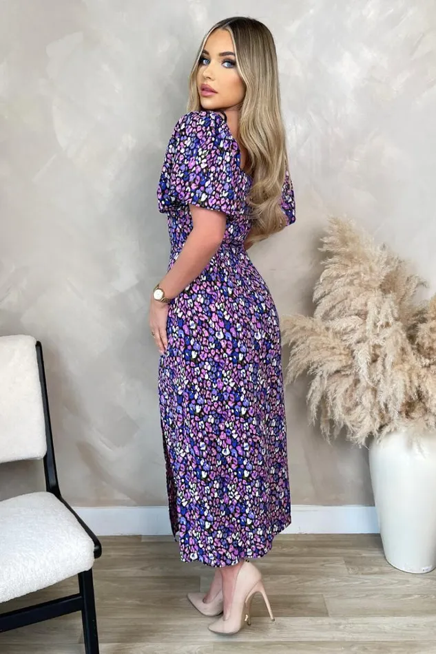AX Paris Purple Animal Print Short Sleeve Tie Front Midi Dress Women Dresses