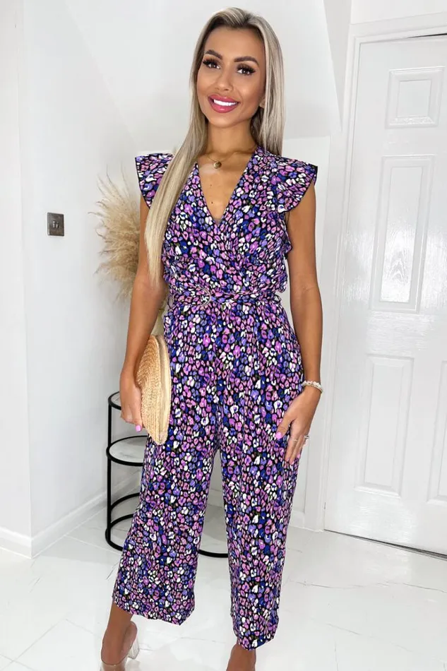 AX Paris Purple Animal Print V Neck Belted Jumpsuit Women Jumpsuits And Playsuits