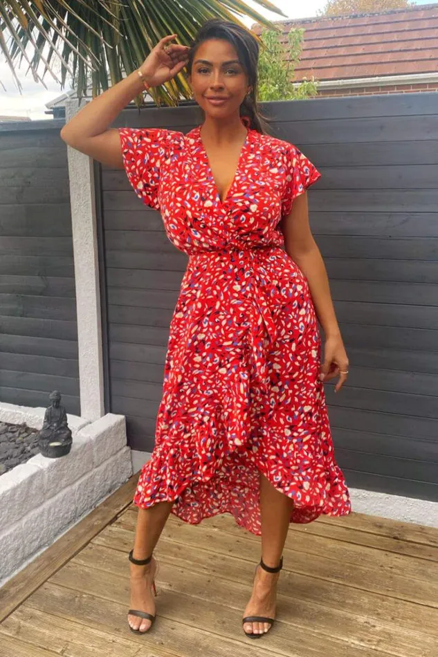 AX Paris Red Abstract Print Wrap Midi Dress Women Dresses