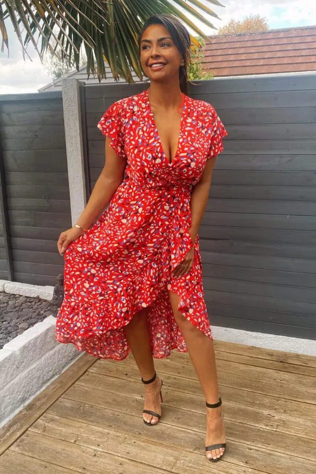 AX Paris Red Abstract Print Wrap Midi Dress Women Dresses
