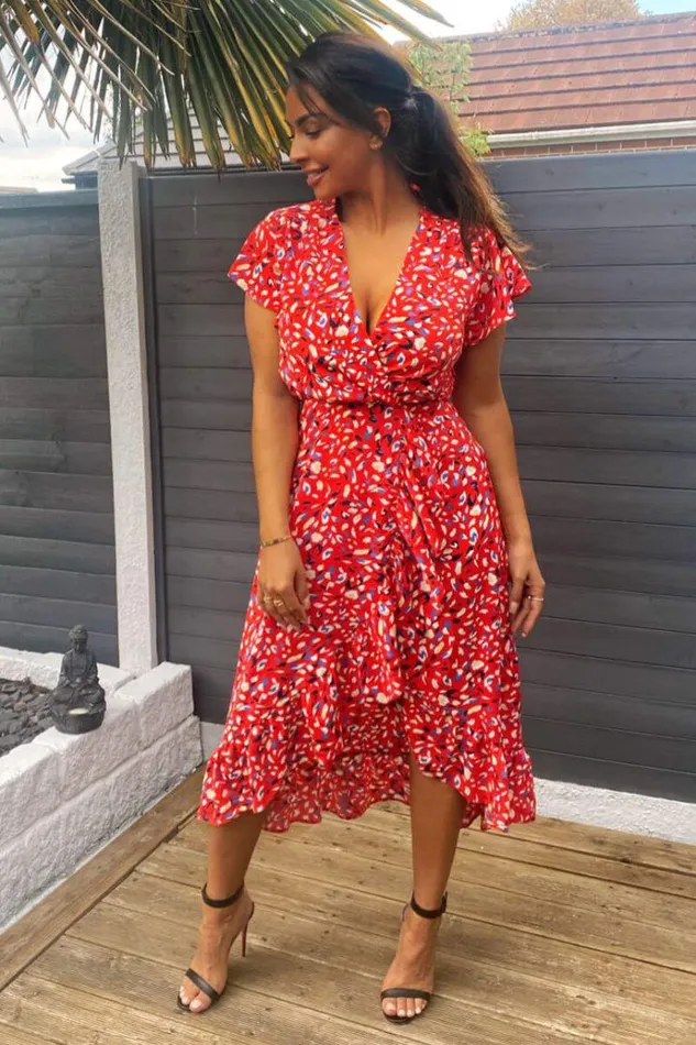 AX Paris Red Abstract Print Wrap Midi Dress Women Dresses