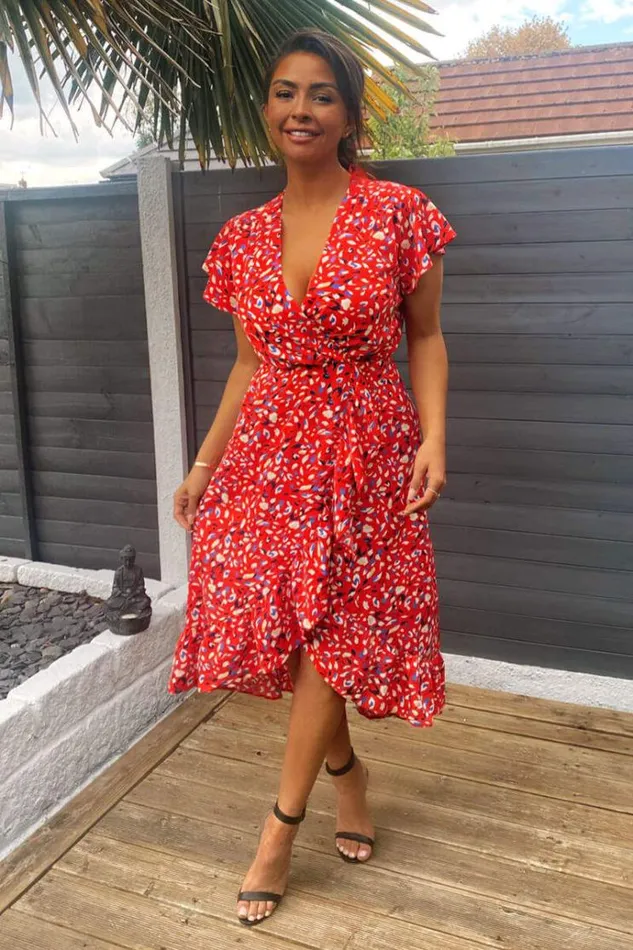 AX Paris Red Abstract Print Wrap Midi Dress Women Dresses
