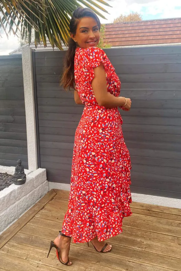 AX Paris Red Abstract Print Wrap Midi Dress Women Dresses
