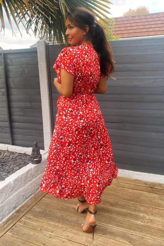 AX Paris Red Abstract Print Wrap Midi Dress Women Dresses