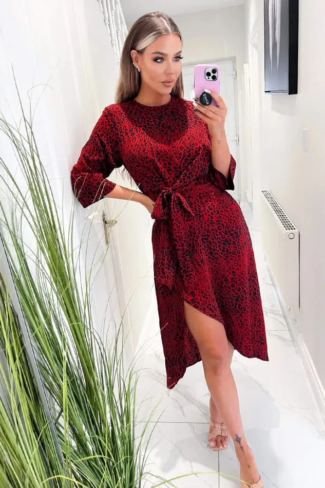 AX Paris Red And Black Animal Print Tie Front Midi Dress Women Dresses