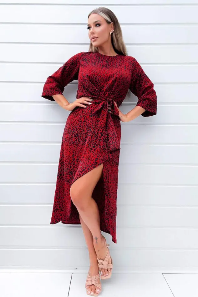 AX Paris Red And Black Animal Print Tie Front Midi Dress Women Dresses