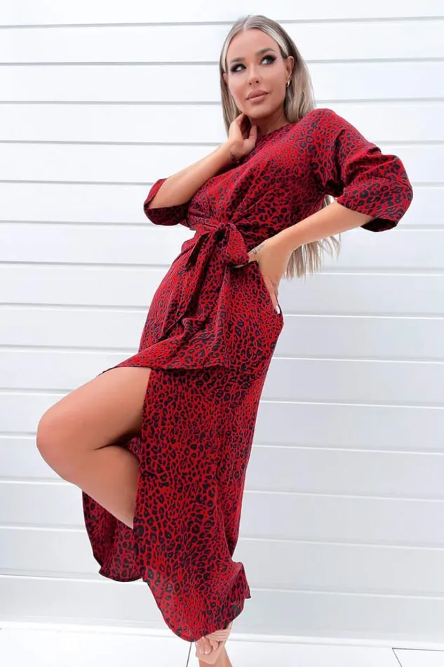 AX Paris Red And Black Animal Print Tie Front Midi Dress Women Dresses