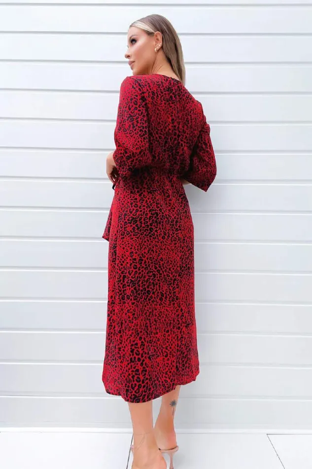 AX Paris Red And Black Animal Print Tie Front Midi Dress Women Dresses