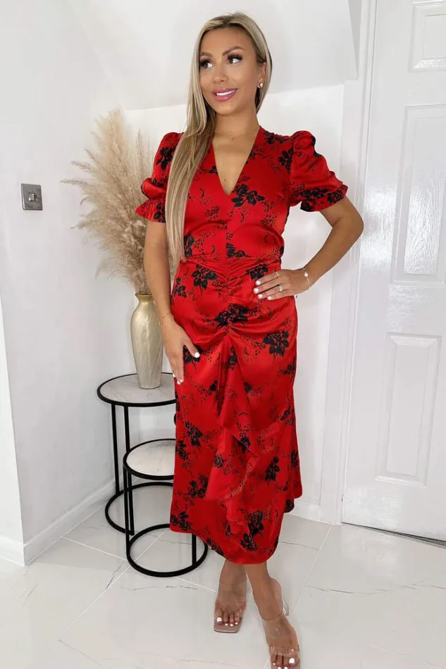AX Paris Red And Black Printed Frill Front Midi Dress Women Dresses