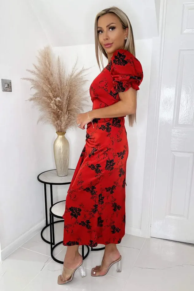 AX Paris Red And Black Printed Frill Front Midi Dress Women Dresses