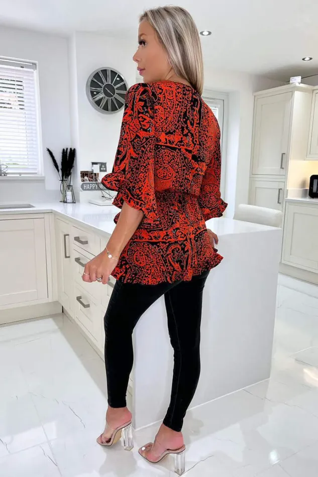 AX Paris Red And Black Printed Frill Hem Wrap Top Women Tops