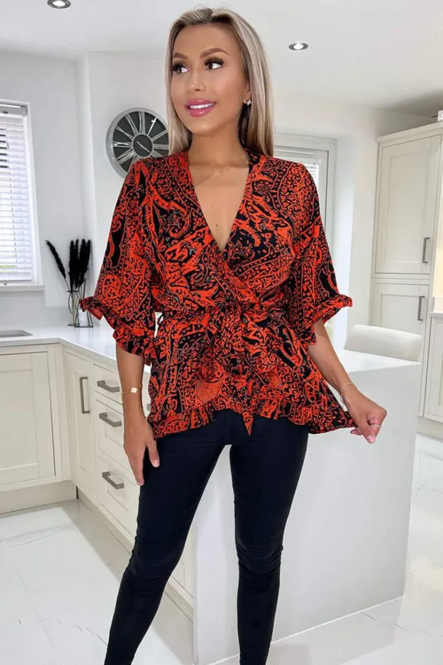 AX Paris Red And Black Printed Frill Hem Wrap Top Women Tops