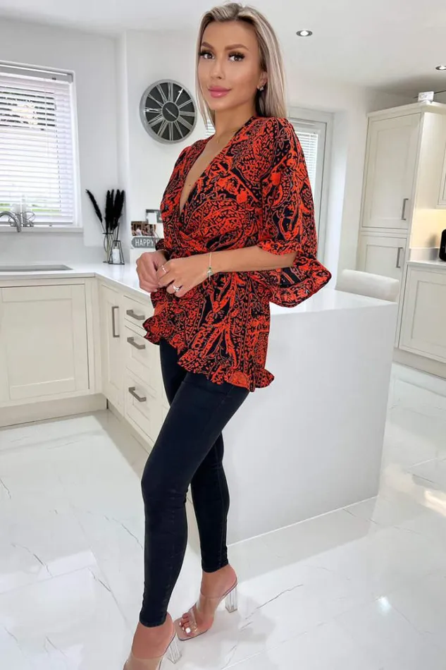 AX Paris Red And Black Printed Frill Hem Wrap Top Women Tops