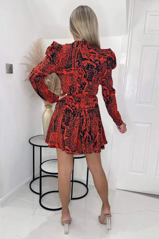 AX Paris Red And Black Printed Long Sleeve Belted Skater Dress Women Dresses