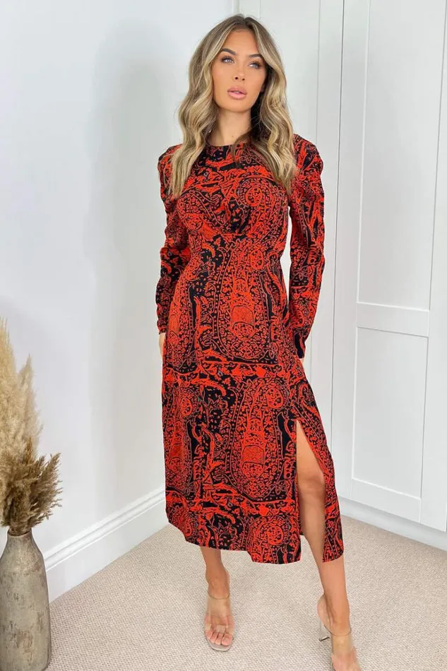 AX Paris Red And Black Printed Long Sleeve Midi Dress Women Dresses