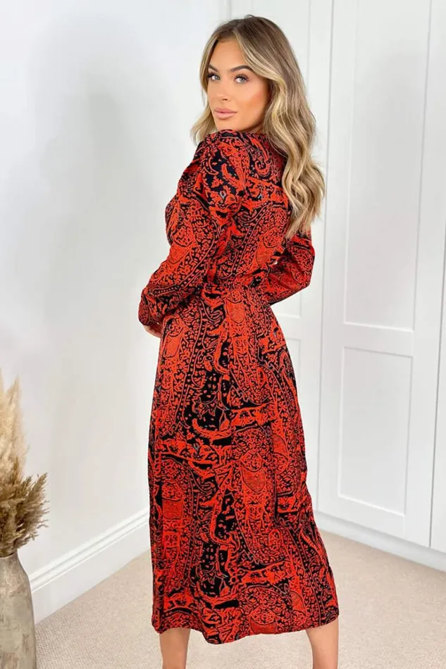 AX Paris Red And Black Printed Long Sleeve Midi Dress Women Dresses