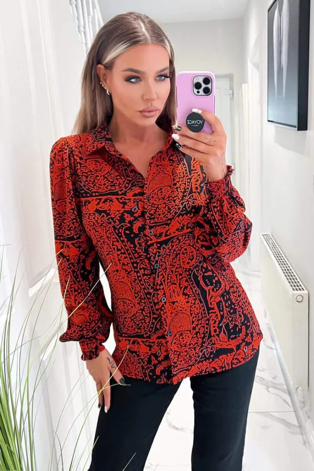 AX Paris Red And Black Printed Long Sleeve Shirt Women Tops