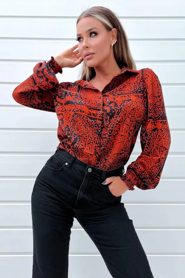 AX Paris Red And Black Printed Long Sleeve Shirt Women Tops