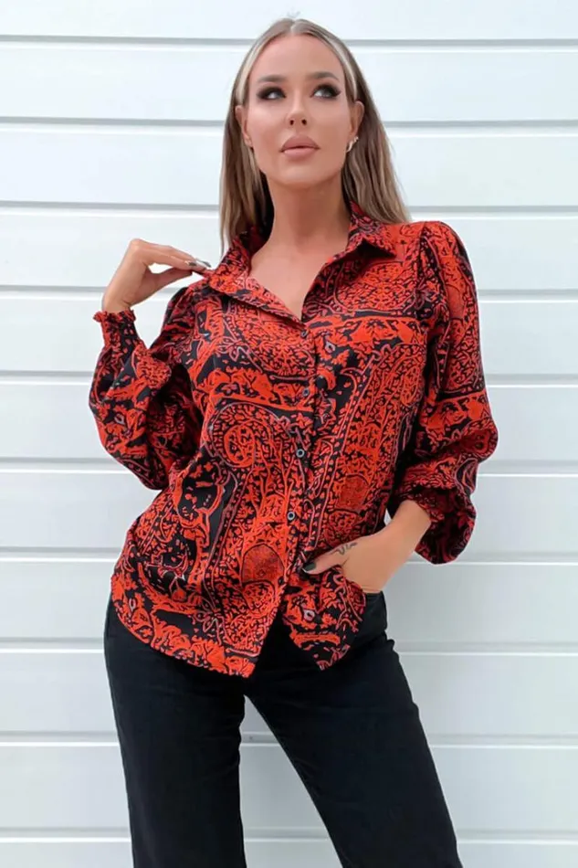 AX Paris Red And Black Printed Long Sleeve Shirt Women Tops