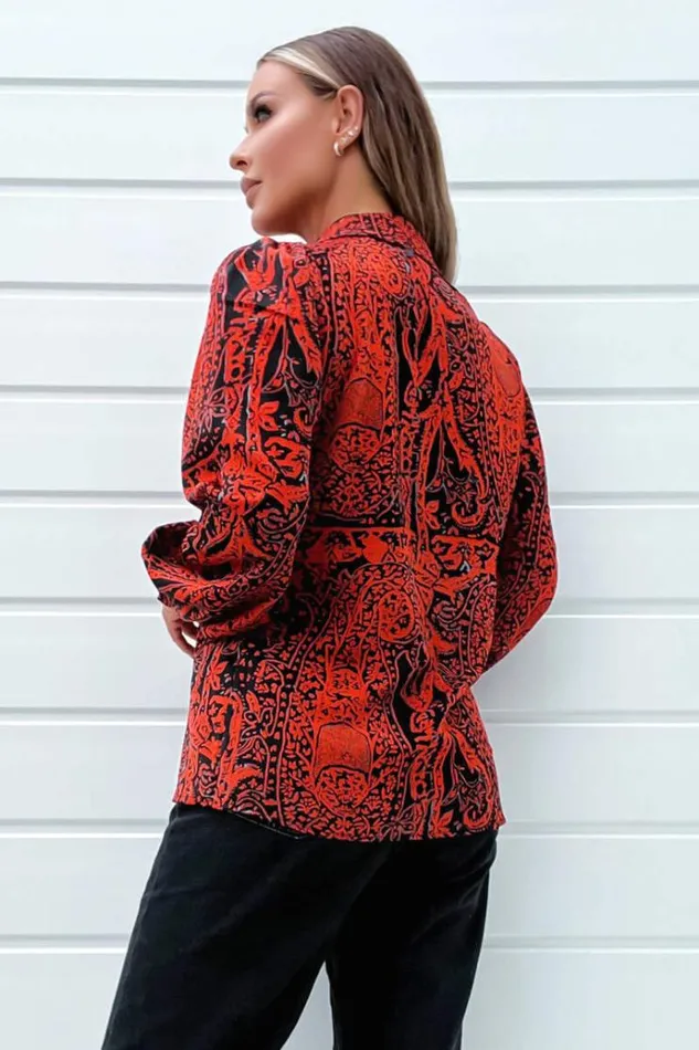 AX Paris Red And Black Printed Long Sleeve Shirt Women Tops