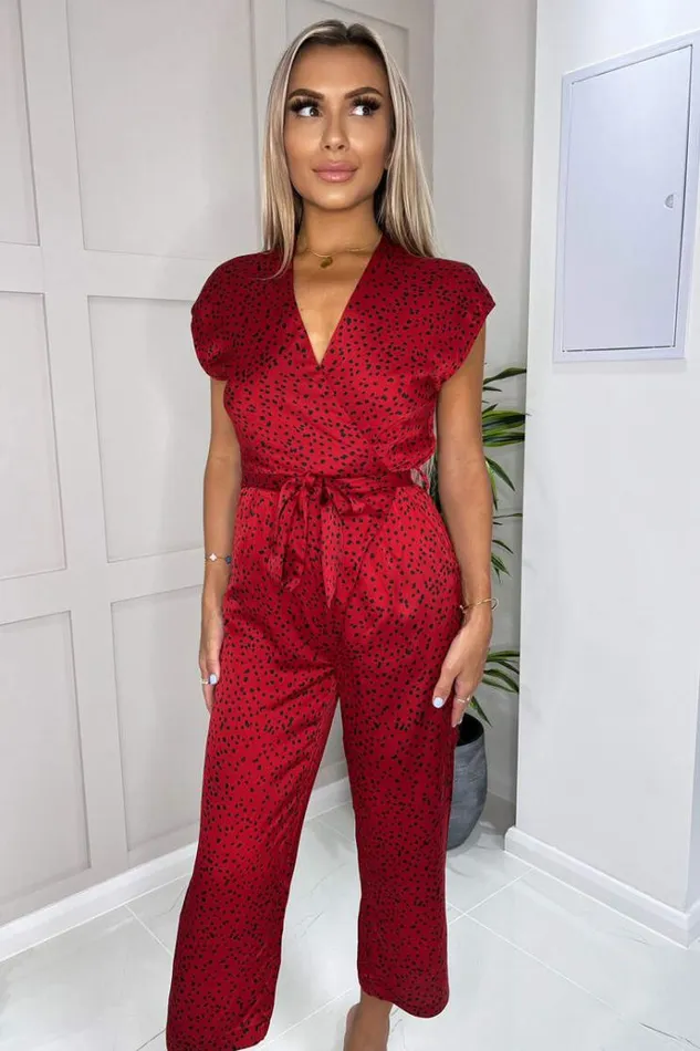 AX Paris Red And Black Printed Wrap Jumpsuit Women Jumpsuits And Playsuits