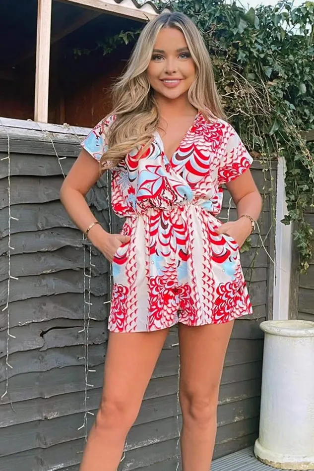 AX Paris Red And Cream Printed Collared Playsuit Women Jumpsuits And Playsuits
