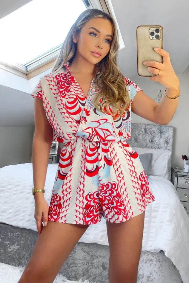 AX Paris Red And Cream Printed Collared Playsuit Women Jumpsuits And Playsuits