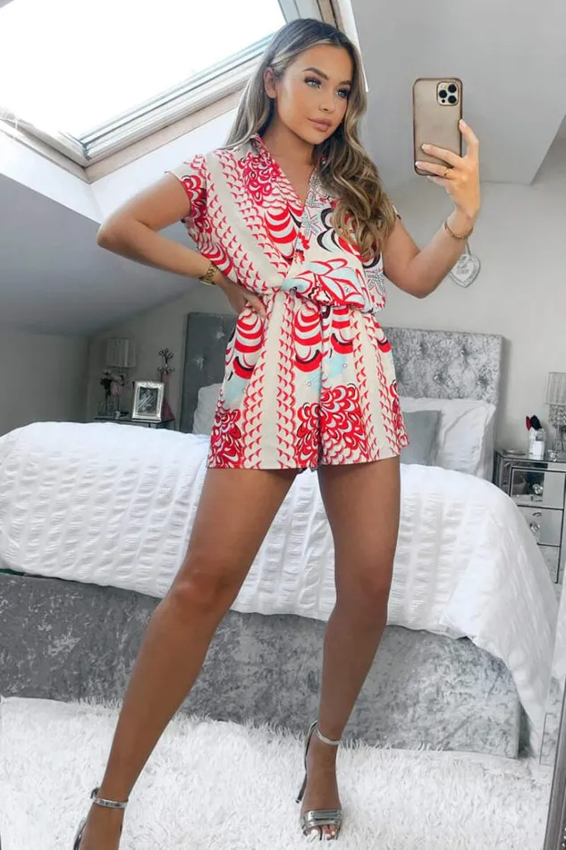 AX Paris Red And Cream Printed Collared Playsuit Women Jumpsuits And Playsuits