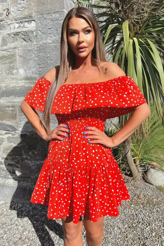 AX Paris Red And White Polka Dot Bardot Style Mini Dress Women Dresses