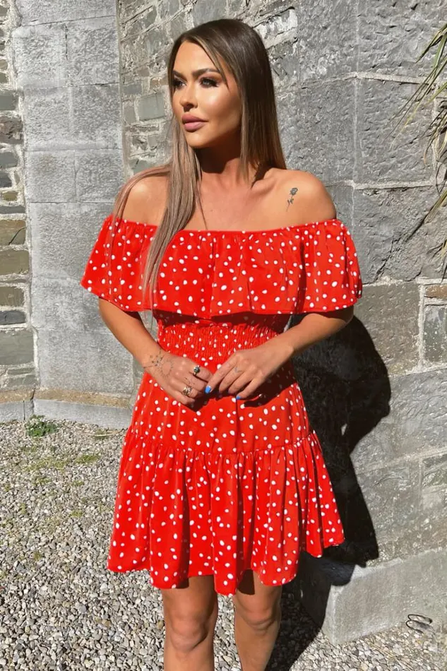 AX Paris Red And White Polka Dot Bardot Style Mini Dress Women Dresses