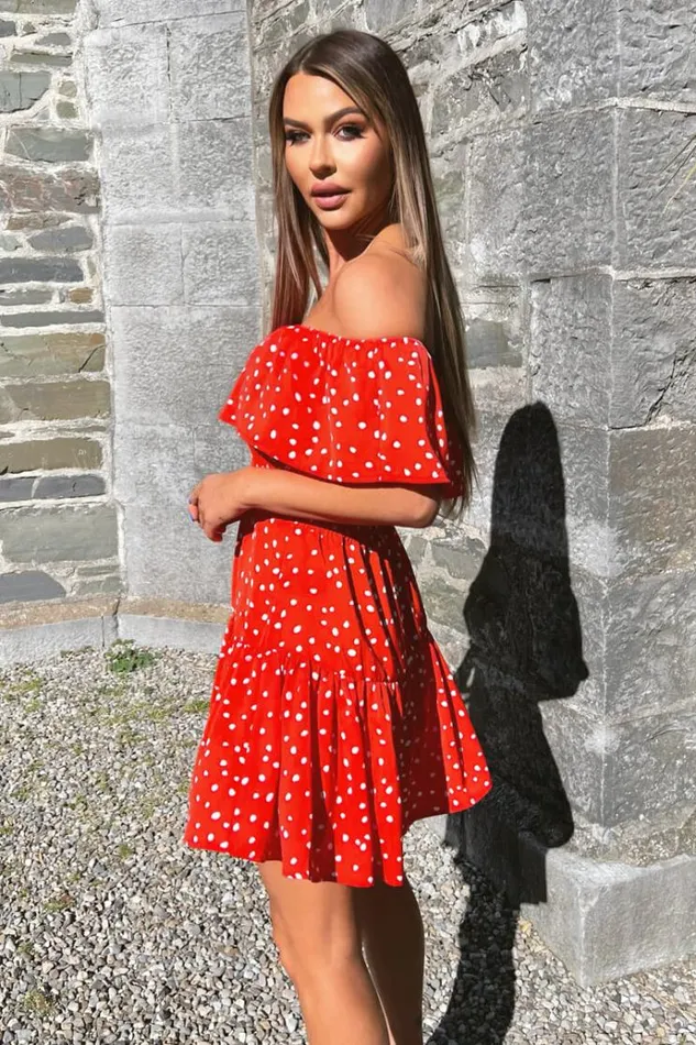 AX Paris Red And White Polka Dot Bardot Style Mini Dress Women Dresses