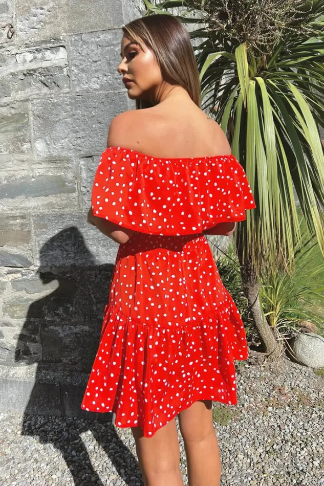 AX Paris Red And White Polka Dot Bardot Style Mini Dress Women Dresses