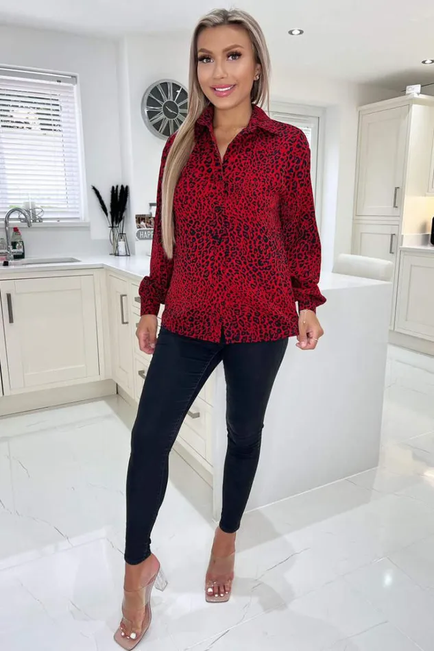AX Paris Red Animal Print Button Up Shirt Women Tops