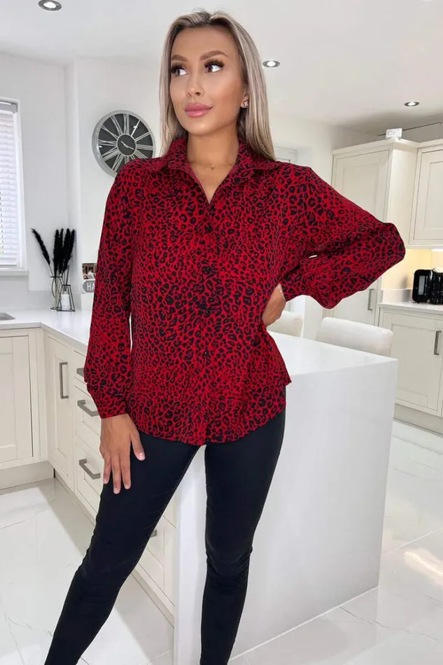 AX Paris Red Animal Print Button Up Shirt Women Tops
