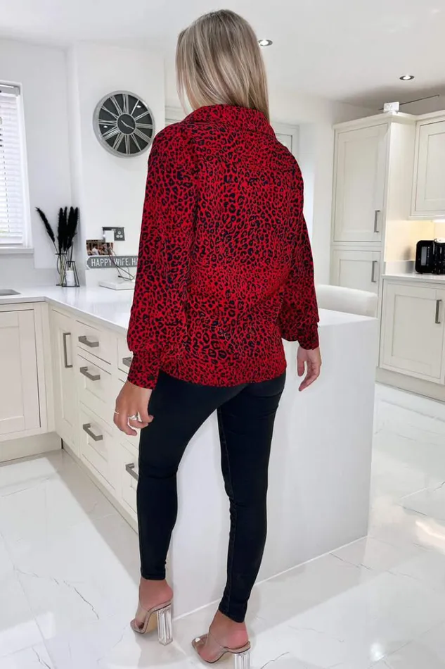 AX Paris Red Animal Print Button Up Shirt Women Tops