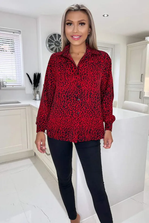 AX Paris Red Animal Print Button Up Shirt Women Tops