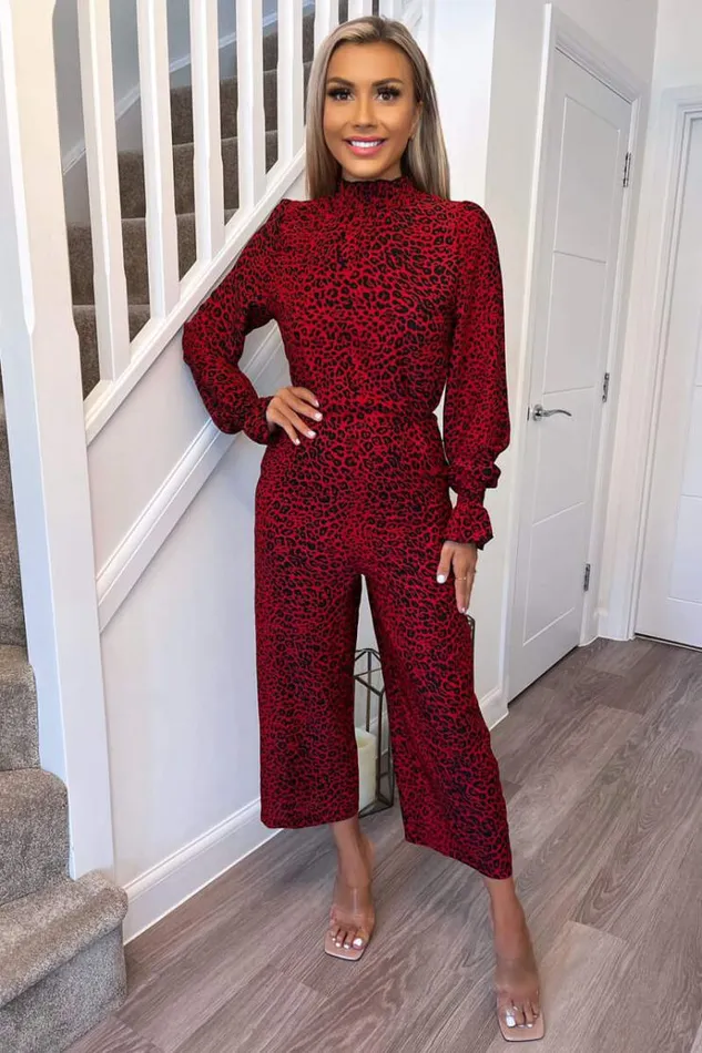 AX Paris Red Animal Print Elasticated Neck Jumpsuit Women Jumpsuits And Playsuits